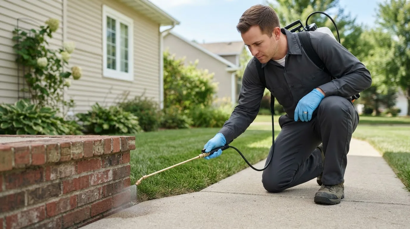 Pest control technician treating a home near Morrill, ME